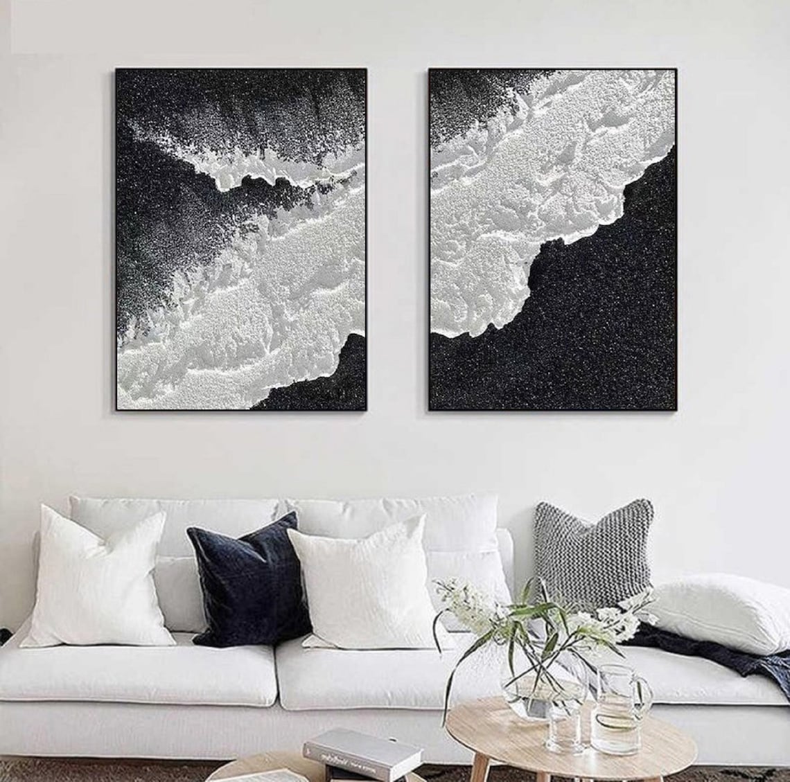 Cosmic Tide Diptych black and white wall art with textured abstract design