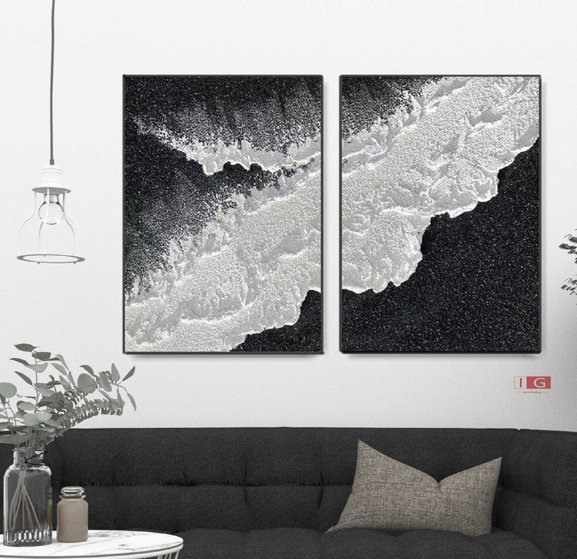 Cosmic Tide Diptych black and white wall art with textured abstract design