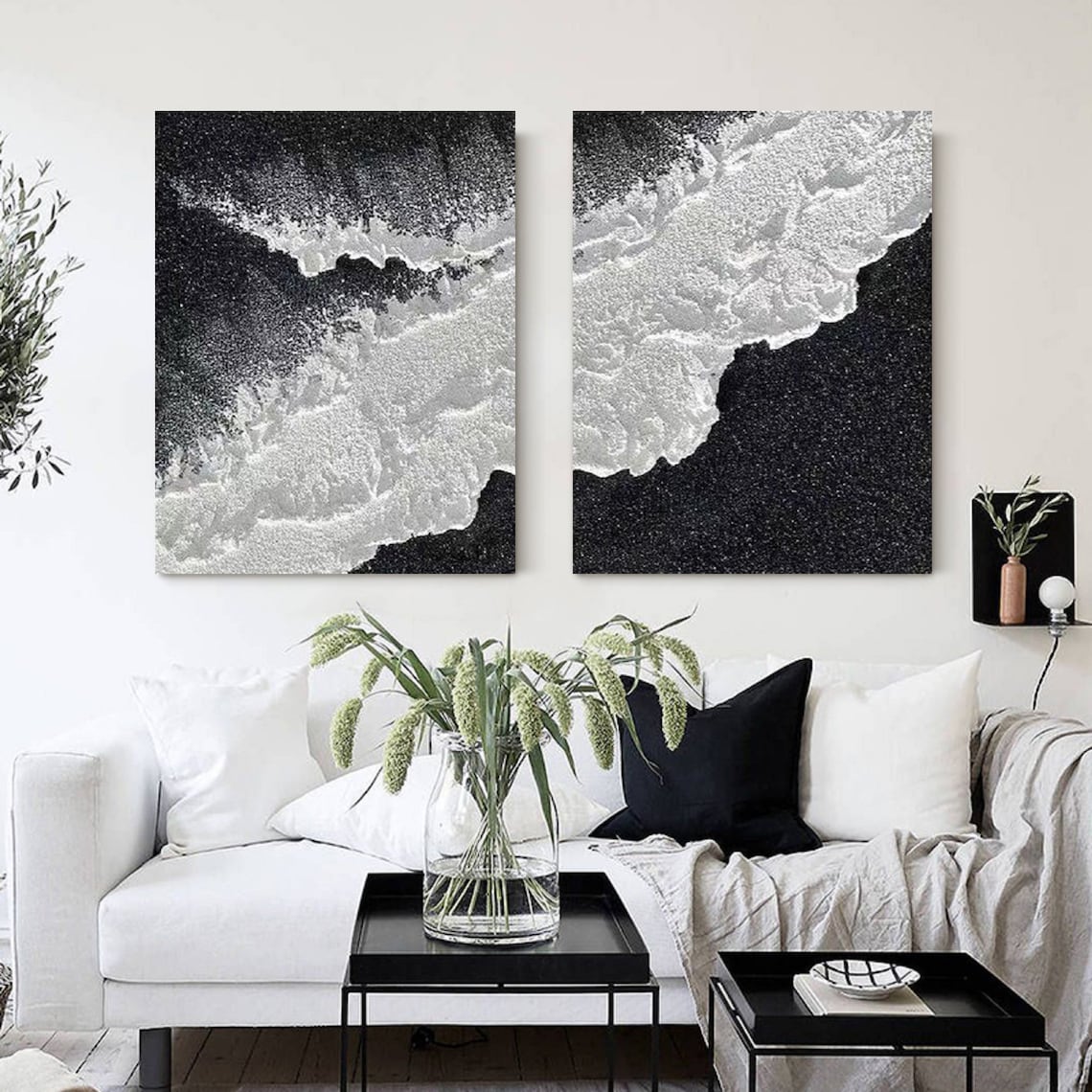 Cosmic Tide Diptych black and white wall art with textured abstract design
