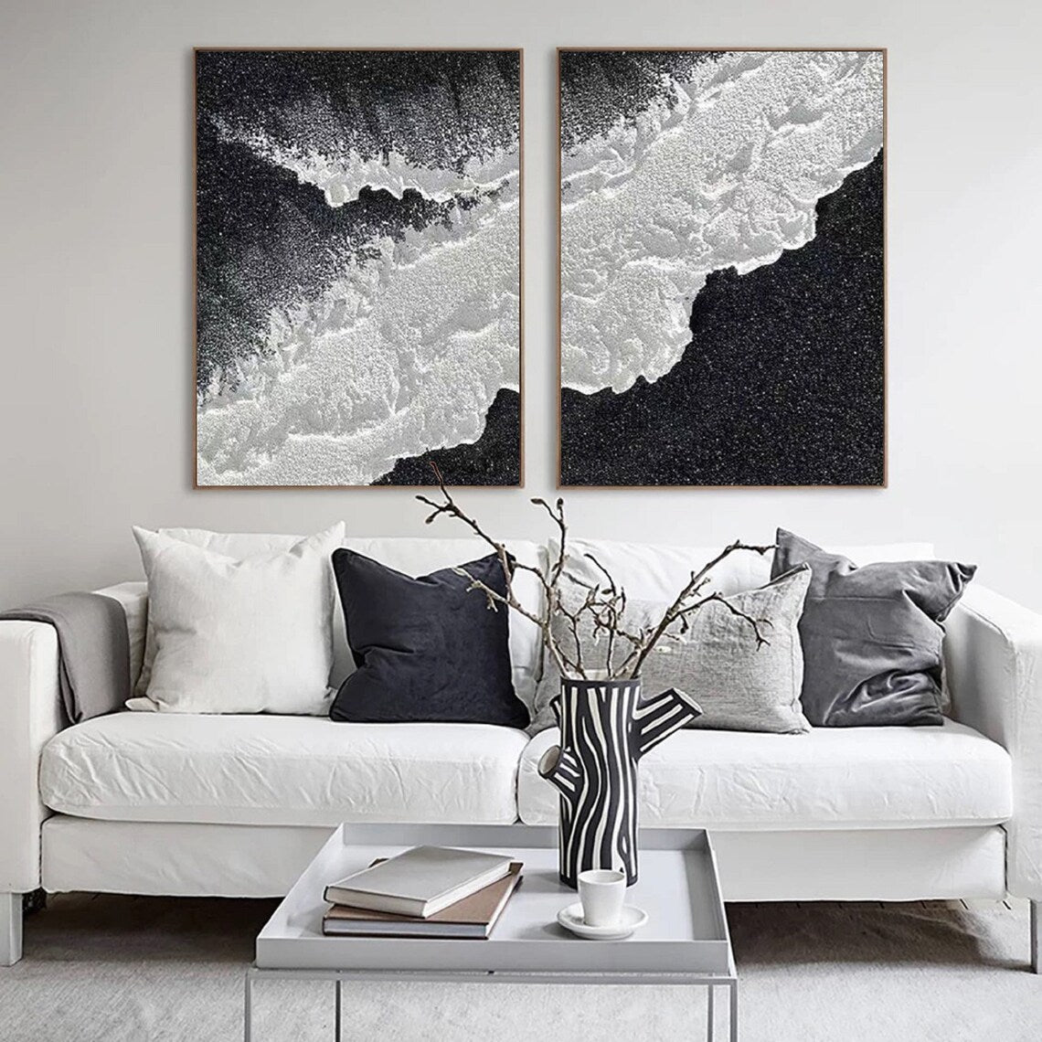 Cosmic Tide Diptych black and white wall art with textured abstract design