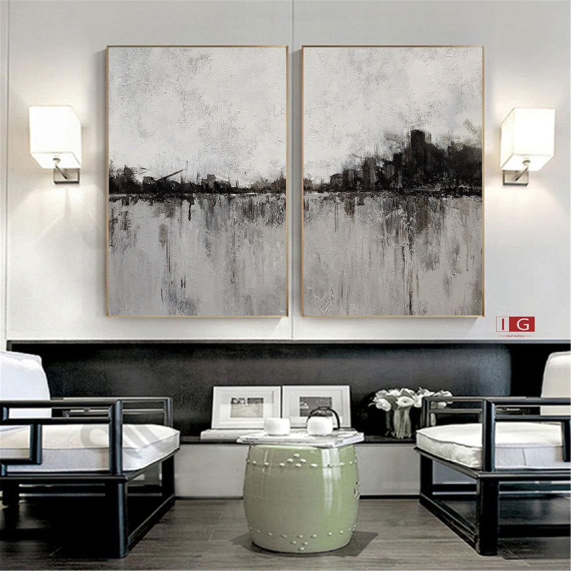 Urban Silhouette Diptych – Abstract cityscape wall art in grey and black tones