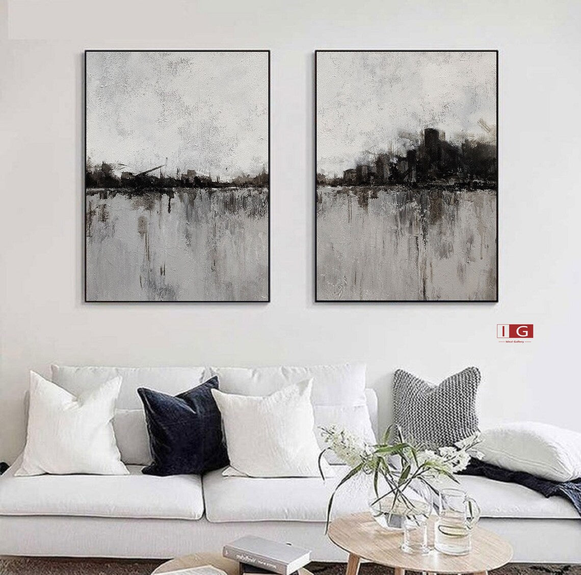 Urban Silhouette Diptych – Abstract cityscape wall art in grey and black tones