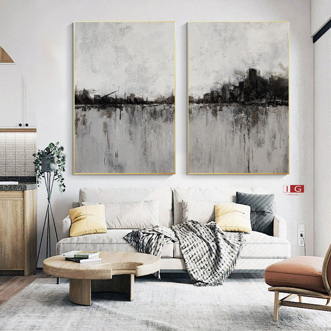 Urban Silhouette Diptych – Abstract cityscape wall art in grey and black tones