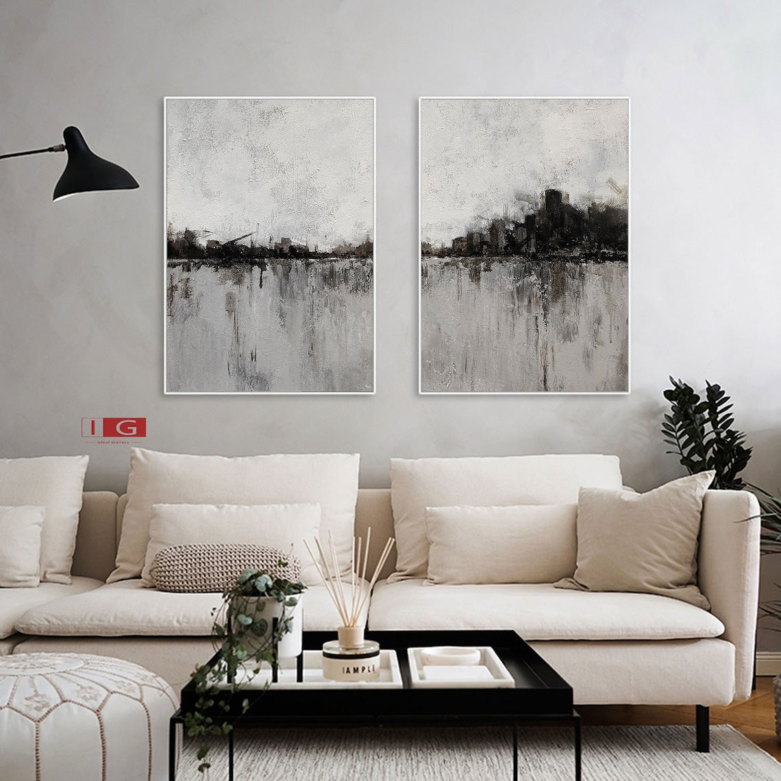 Urban Silhouette Diptych – Abstract cityscape wall art in grey and black tones