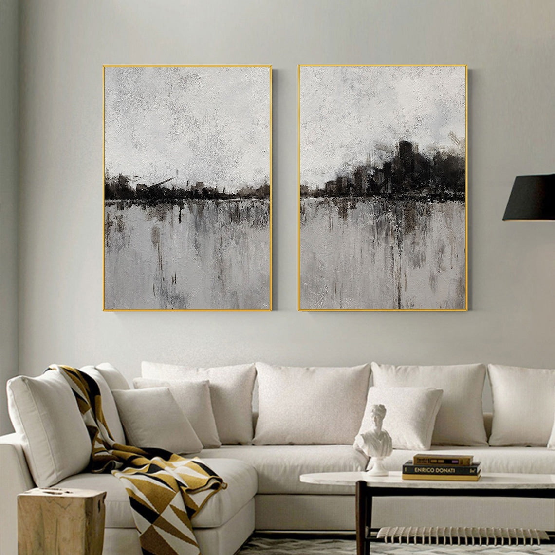 Urban Silhouette Diptych – Abstract cityscape wall art in grey and black tones