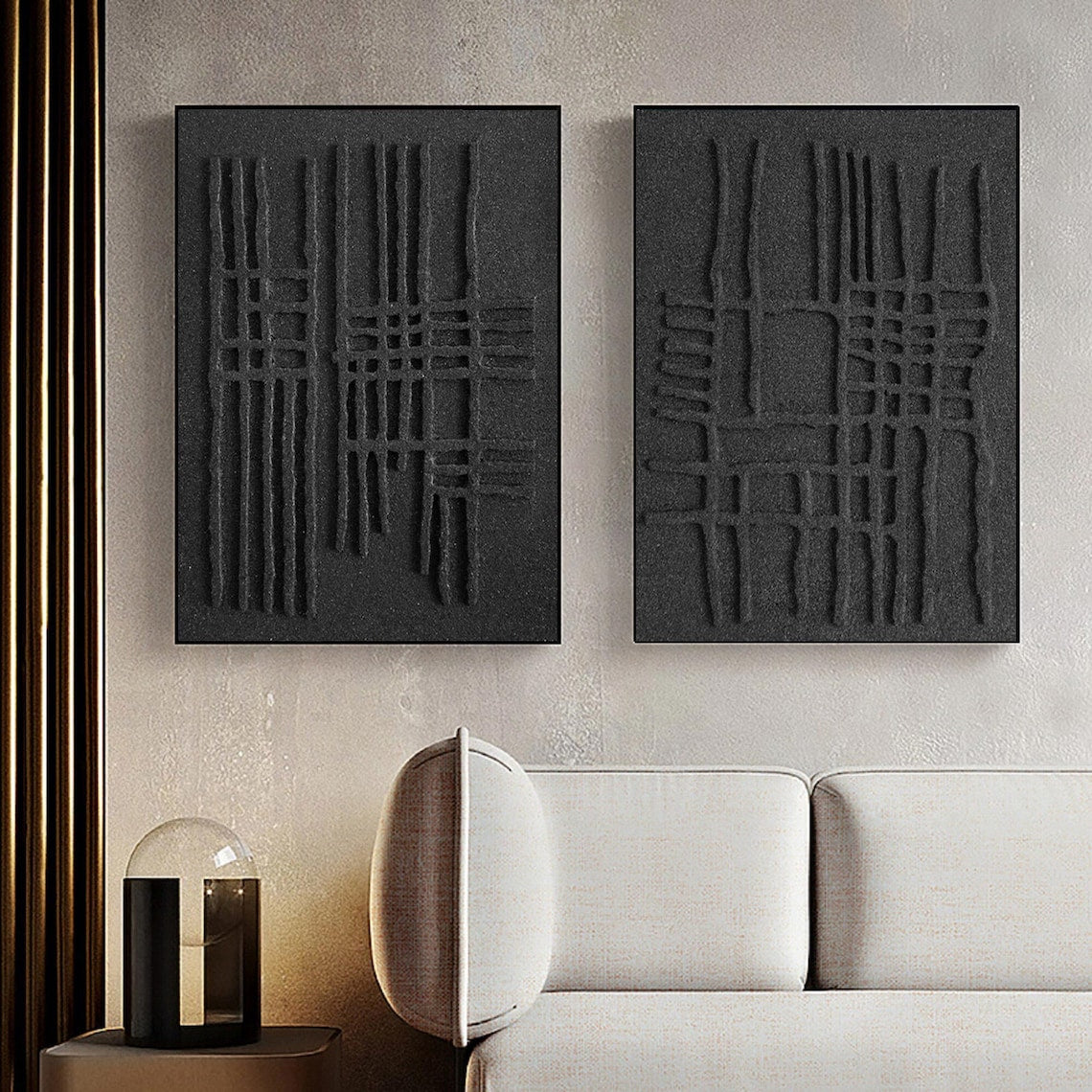 Monochrome Relief Duo – Black Textured 3D Wall Art Decoration, Minimalist Abstract Canvas Set