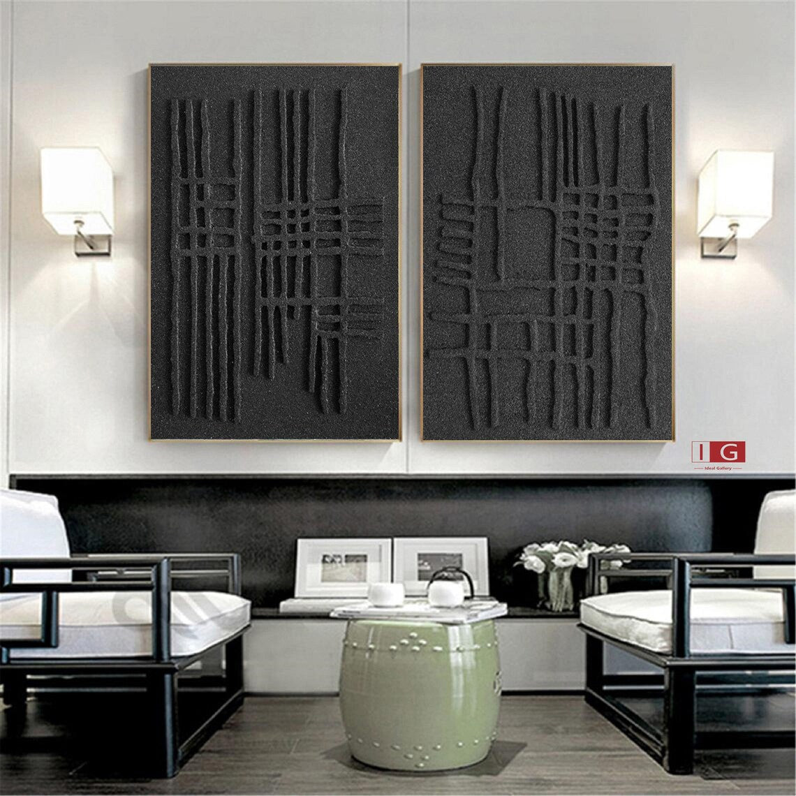 Monochrome Relief Duo – Black Textured 3D Wall Art Decoration, Minimalist Abstract Canvas Set