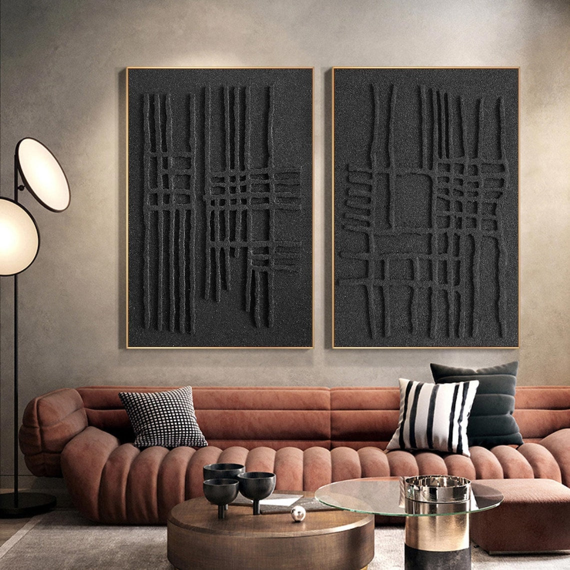 Monochrome Relief Duo – Black Textured 3D Wall Art Decoration, Minimalist Abstract Canvas Set