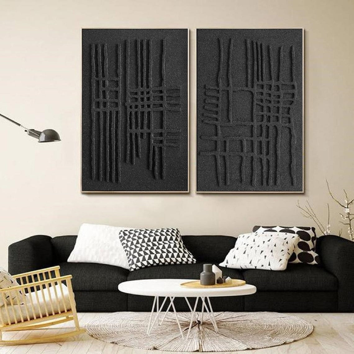 Monochrome Relief Duo – Black Textured 3D Wall Art Decoration, Minimalist Abstract Canvas Set