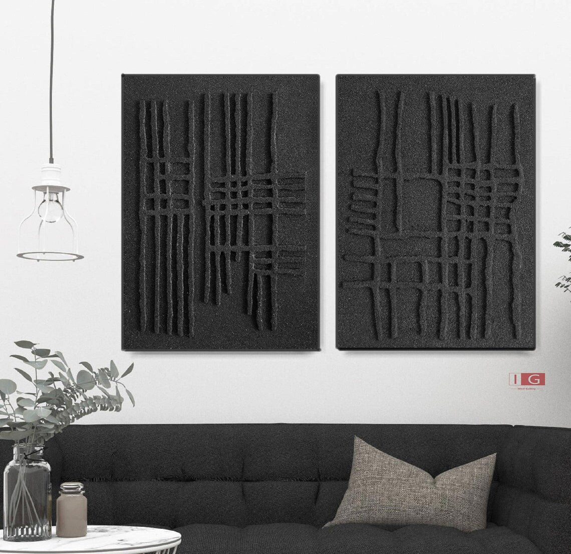 Monochrome Relief Duo – Black Textured 3D Wall Art Decoration, Minimalist Abstract Canvas Set