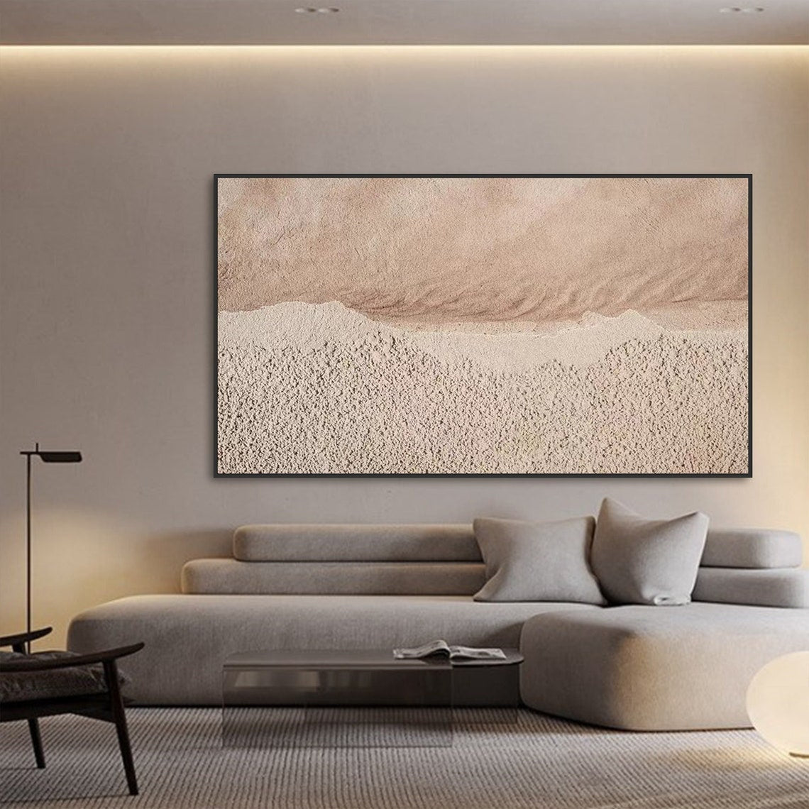 Neutral textured abstract wall art in sandy beige and muted pink tones with tactile surface.