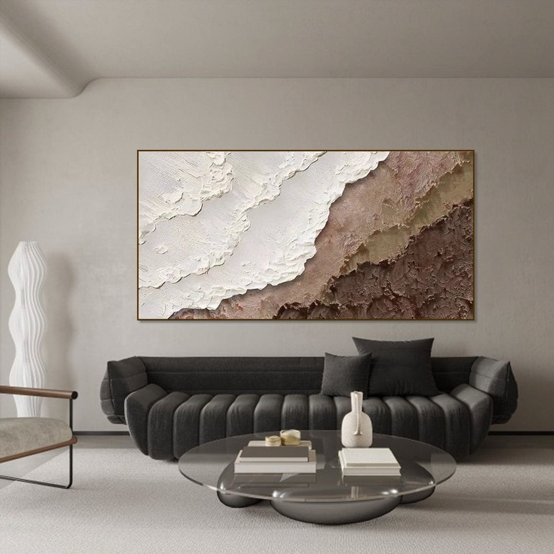 Natural earth tone abstract wall decor with layered textured patterns in beige, white, and russet tones.