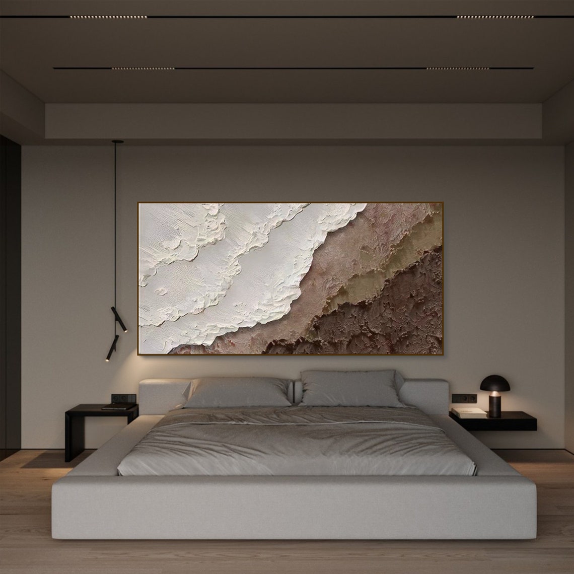 Natural earth tone abstract wall decor with layered textured patterns in beige, white, and russet tones.