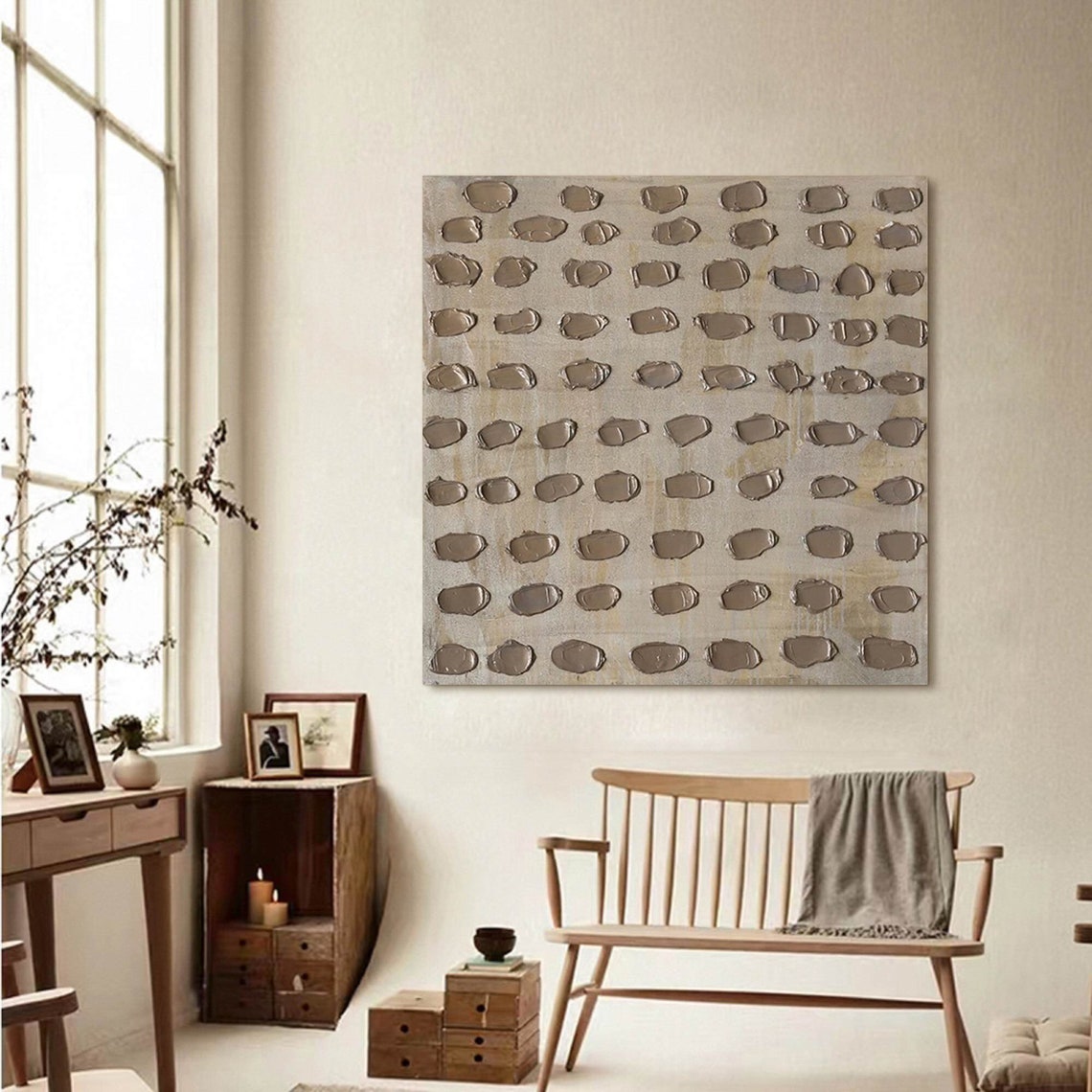 Neutral abstract oil painting with texture in muted silver tones, square modern canvas.