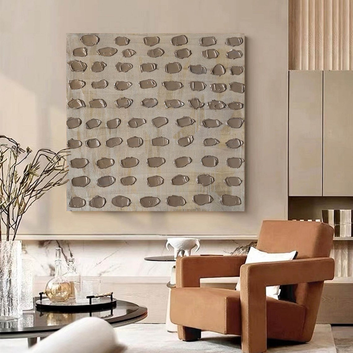 Neutral abstract oil painting with texture in muted silver tones, square modern canvas.