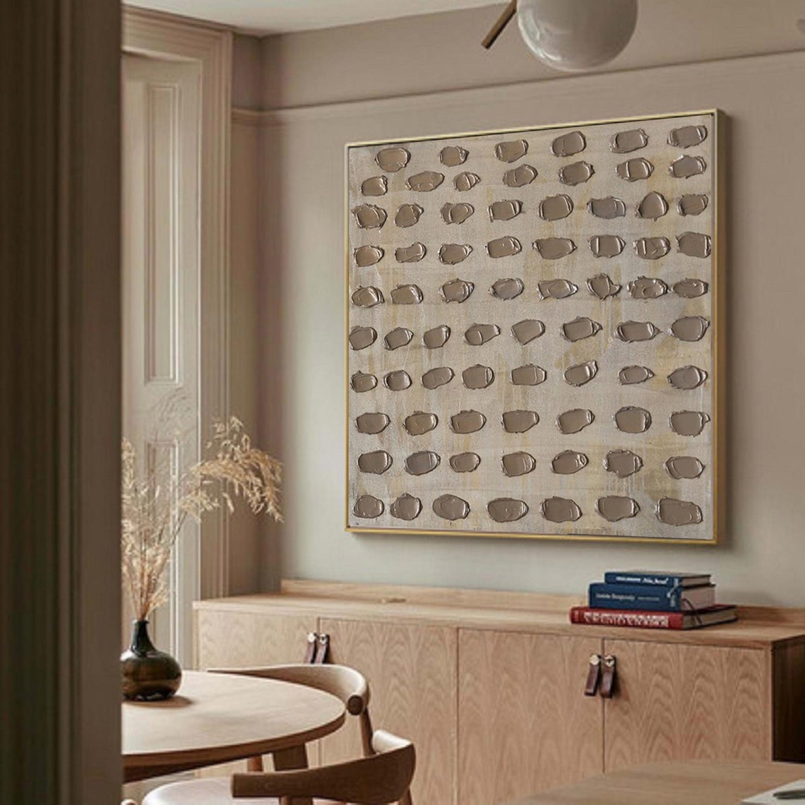 Neutral abstract oil painting with texture in muted silver tones, square modern canvas.