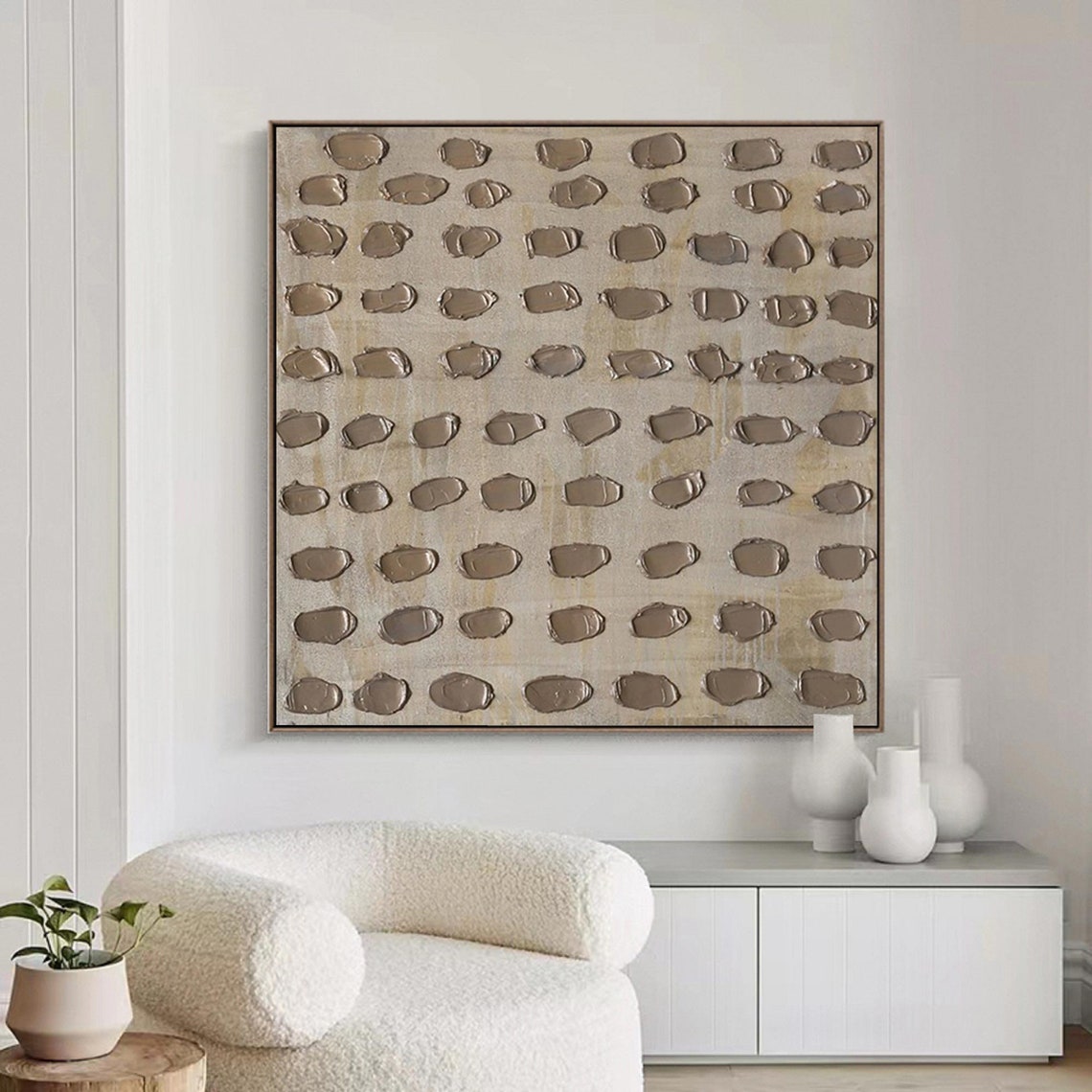 Neutral abstract oil painting with texture in muted silver tones, square modern canvas.