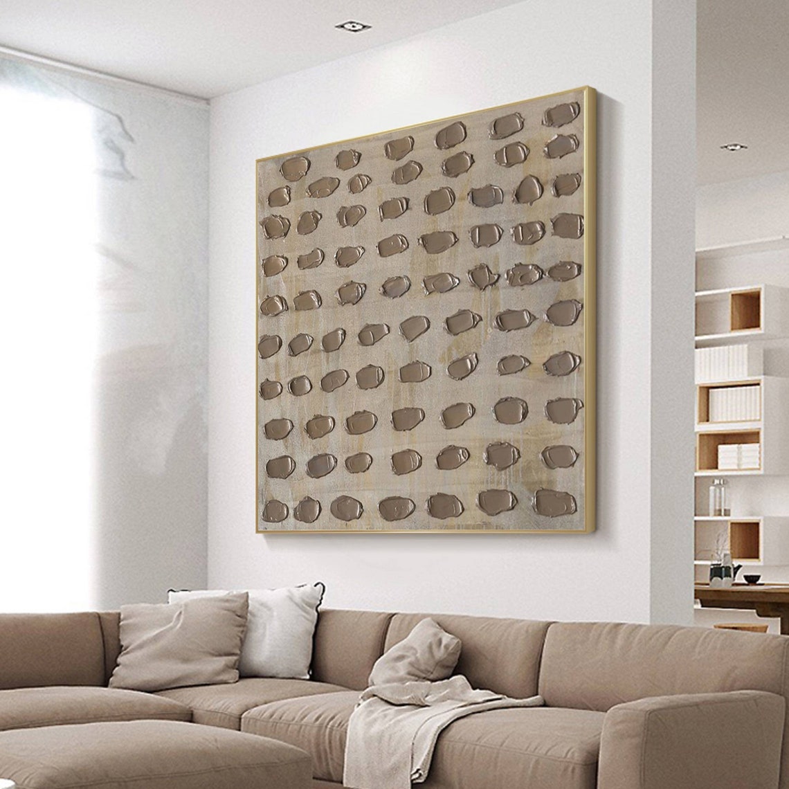 Neutral abstract oil painting with texture in muted silver tones, square modern canvas.