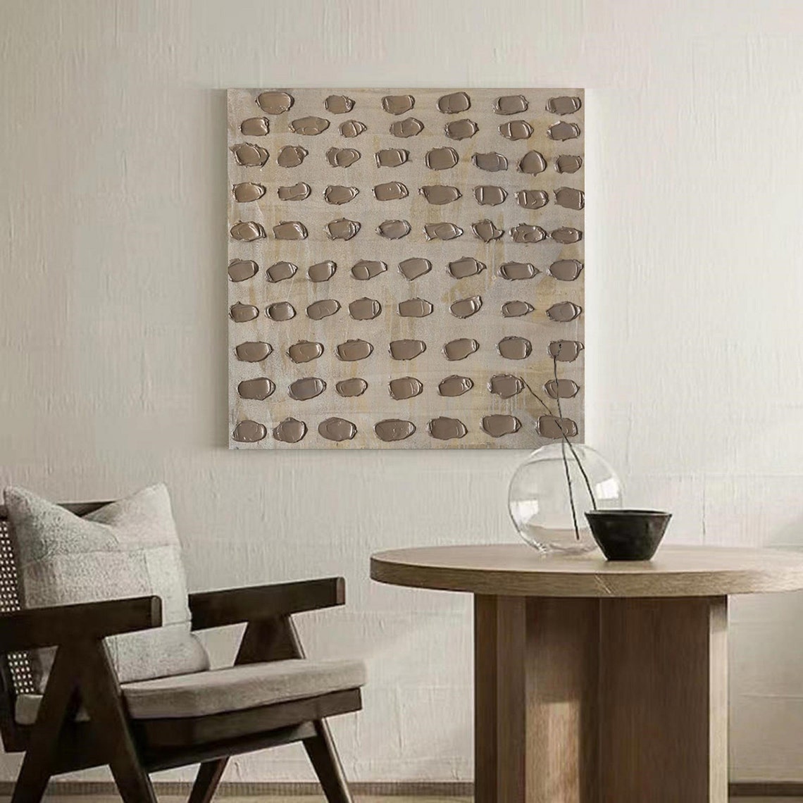 Neutral abstract oil painting with texture in muted silver tones, square modern canvas.