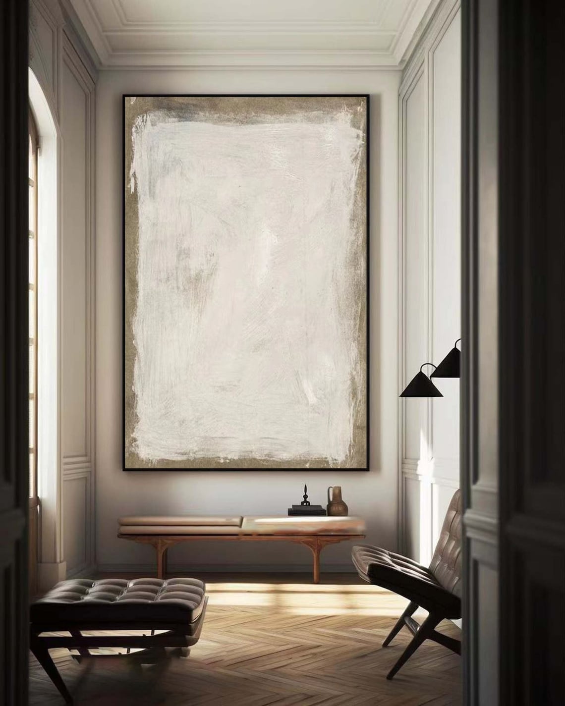 Neutral textured abstract canvas painting in soft white and gray minimalist style.