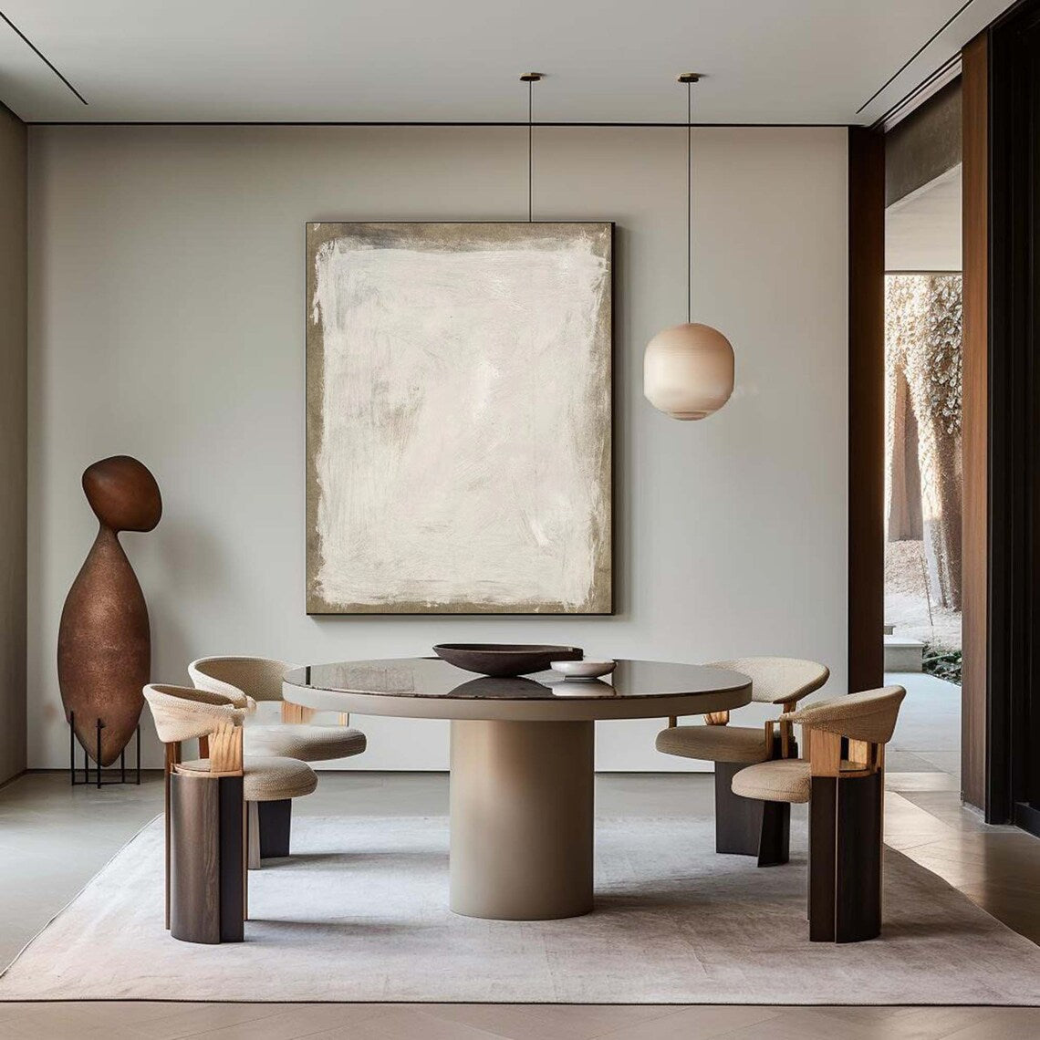 Neutral textured abstract canvas painting in soft white and gray minimalist style.