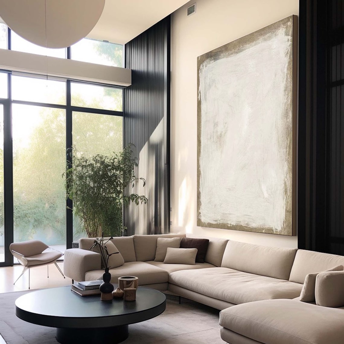 Neutral textured abstract canvas painting in soft white and gray minimalist style.