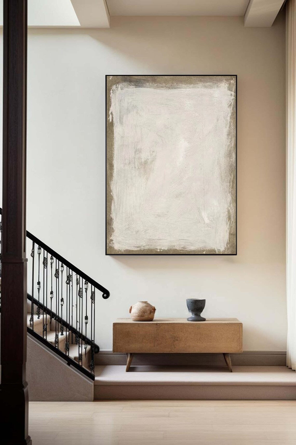 Neutral textured abstract canvas painting in soft white and gray minimalist style.