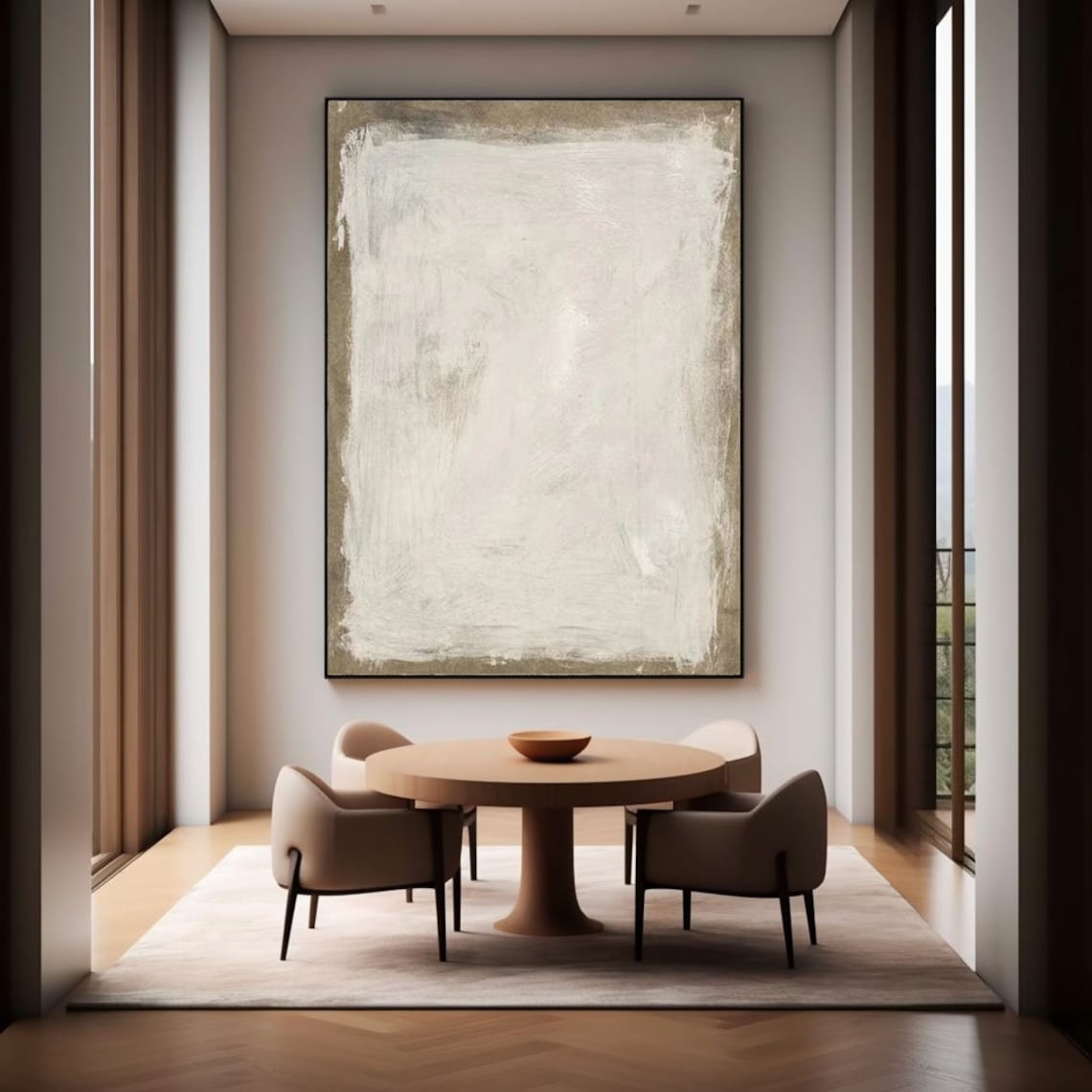 Neutral textured abstract canvas painting in soft white and gray minimalist style.