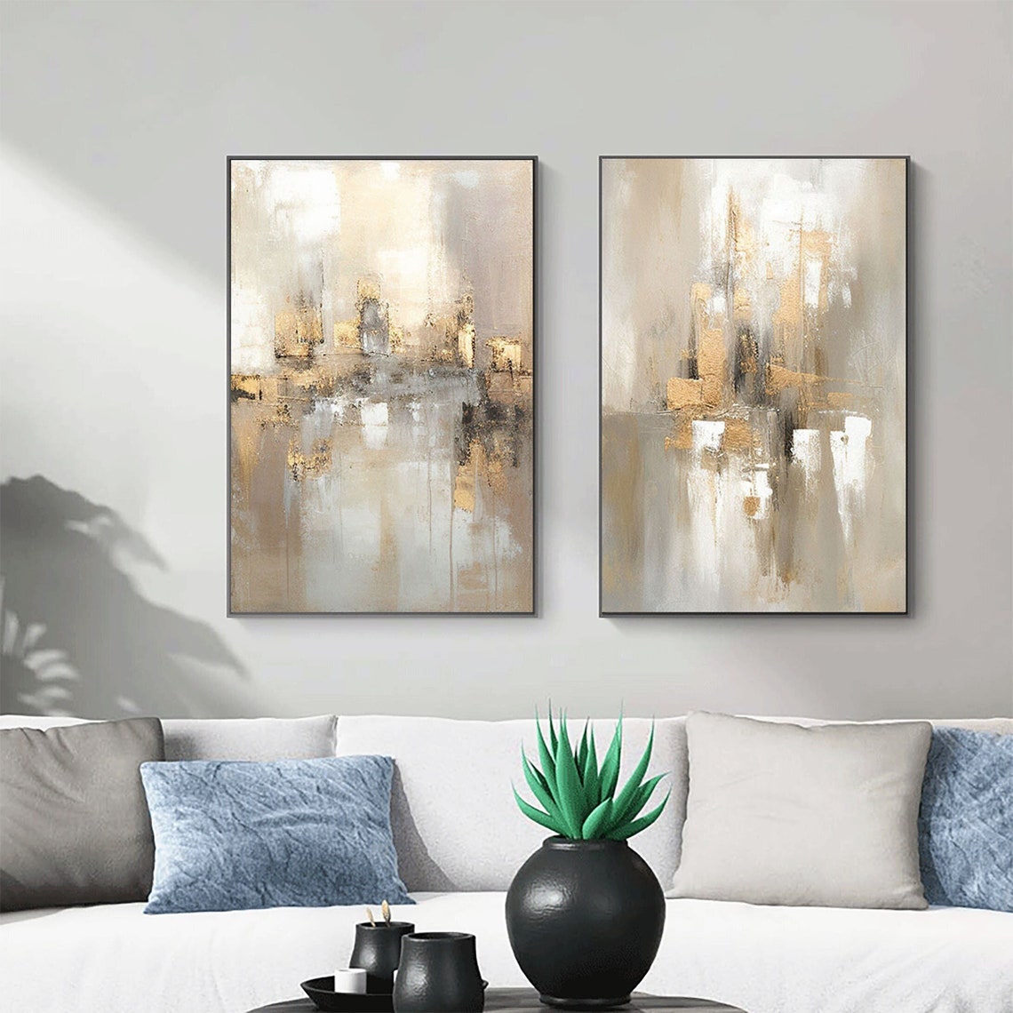 Gold wall art set – abstract textured oil paintings with modern elegance