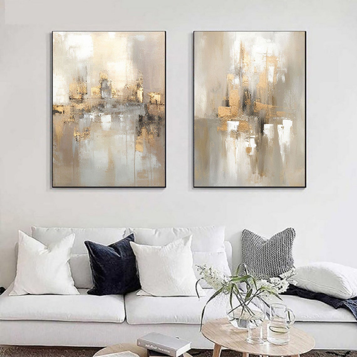 Gold wall art set – abstract textured oil paintings with modern elegance
