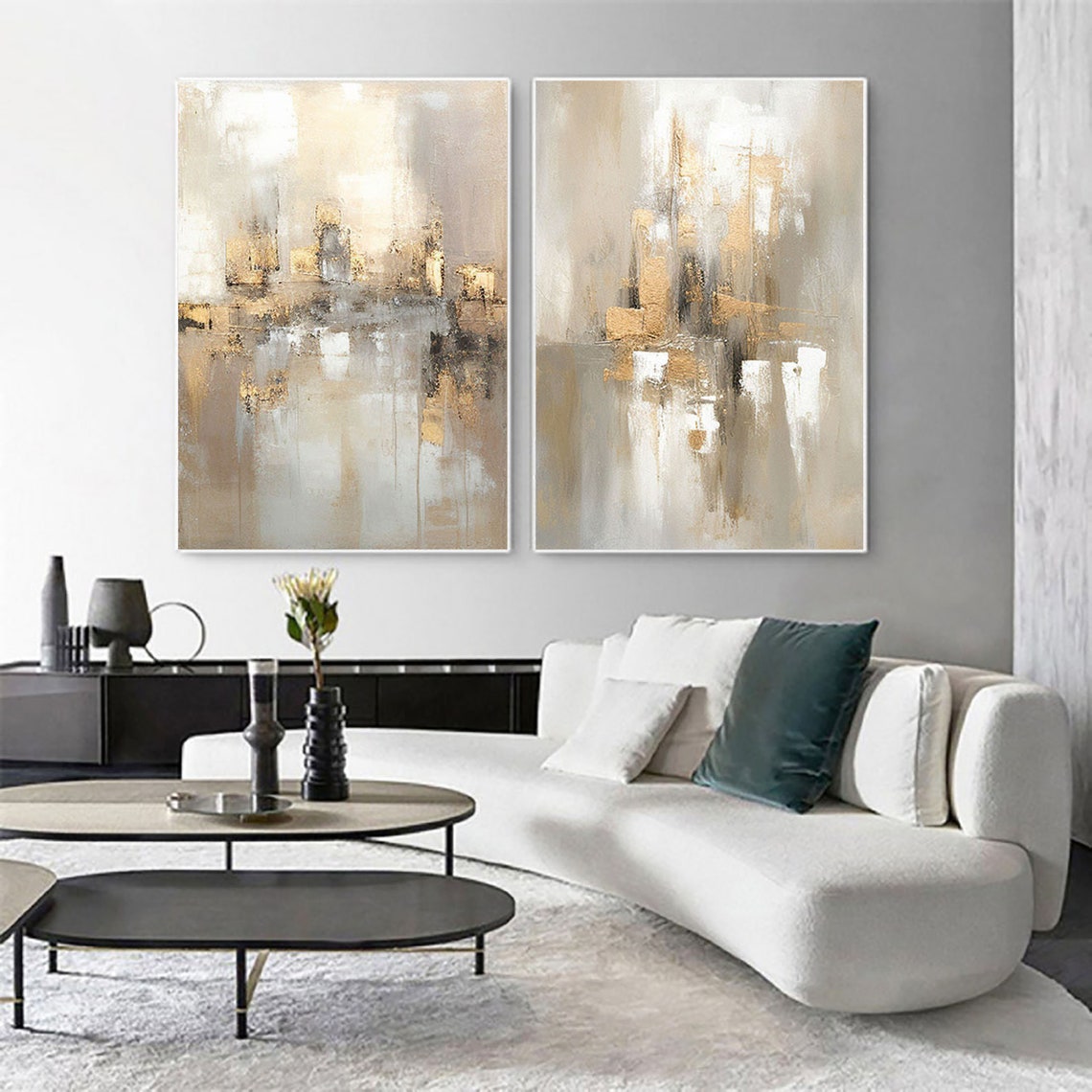 Gold wall art set – abstract textured oil paintings with modern elegance