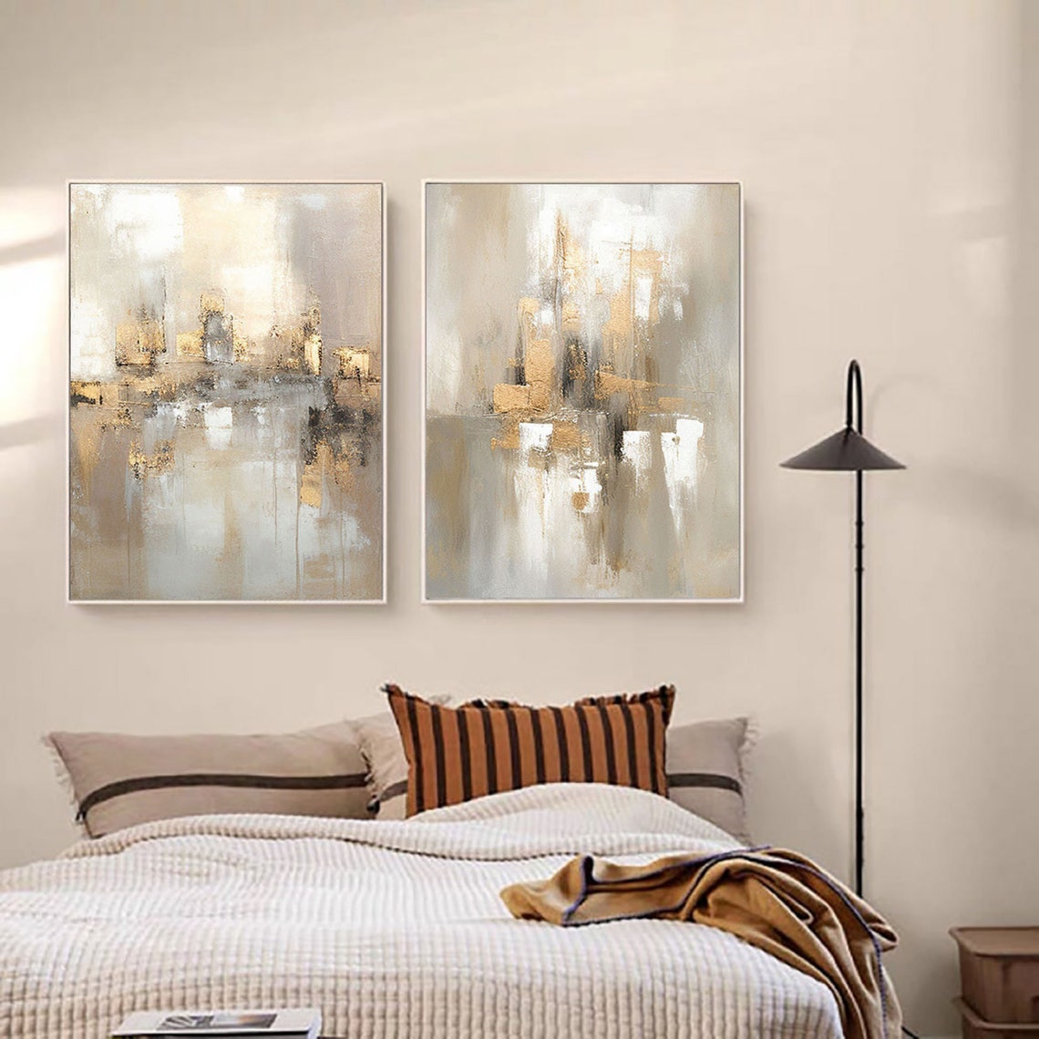 Gold wall art set – abstract textured oil paintings with modern elegance