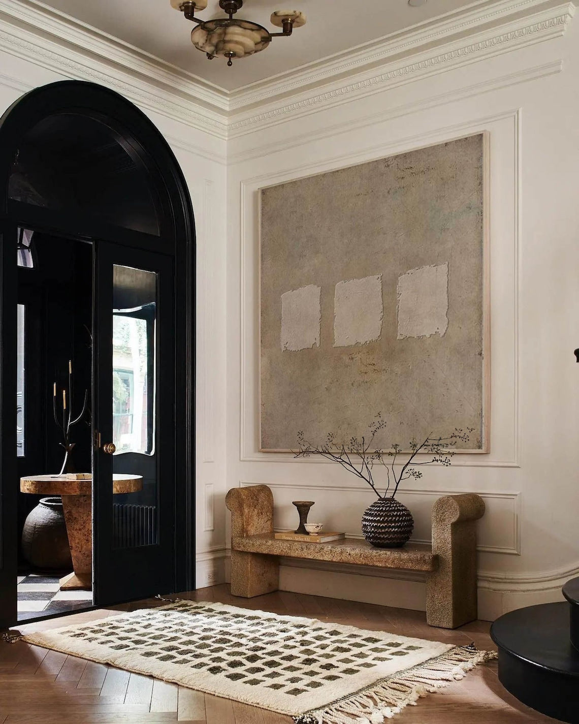 Wabi-sabi abstract textured wall art with three minimalist square patches on earthy taupe canvas.