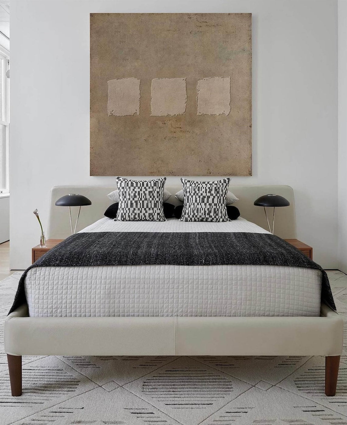 Wabi-sabi abstract textured wall art with three minimalist square patches on earthy taupe canvas.