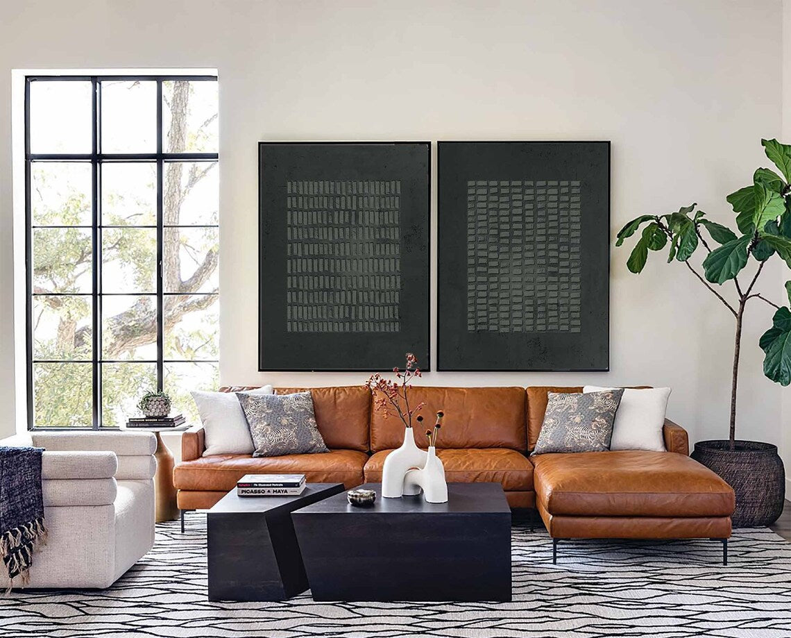 Abstract Gridscape Duo textured wall art in black minimalist style