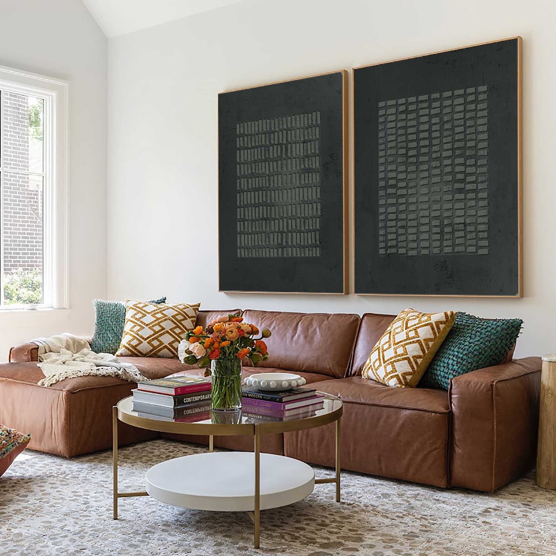 Abstract Gridscape Duo textured wall art in black minimalist style