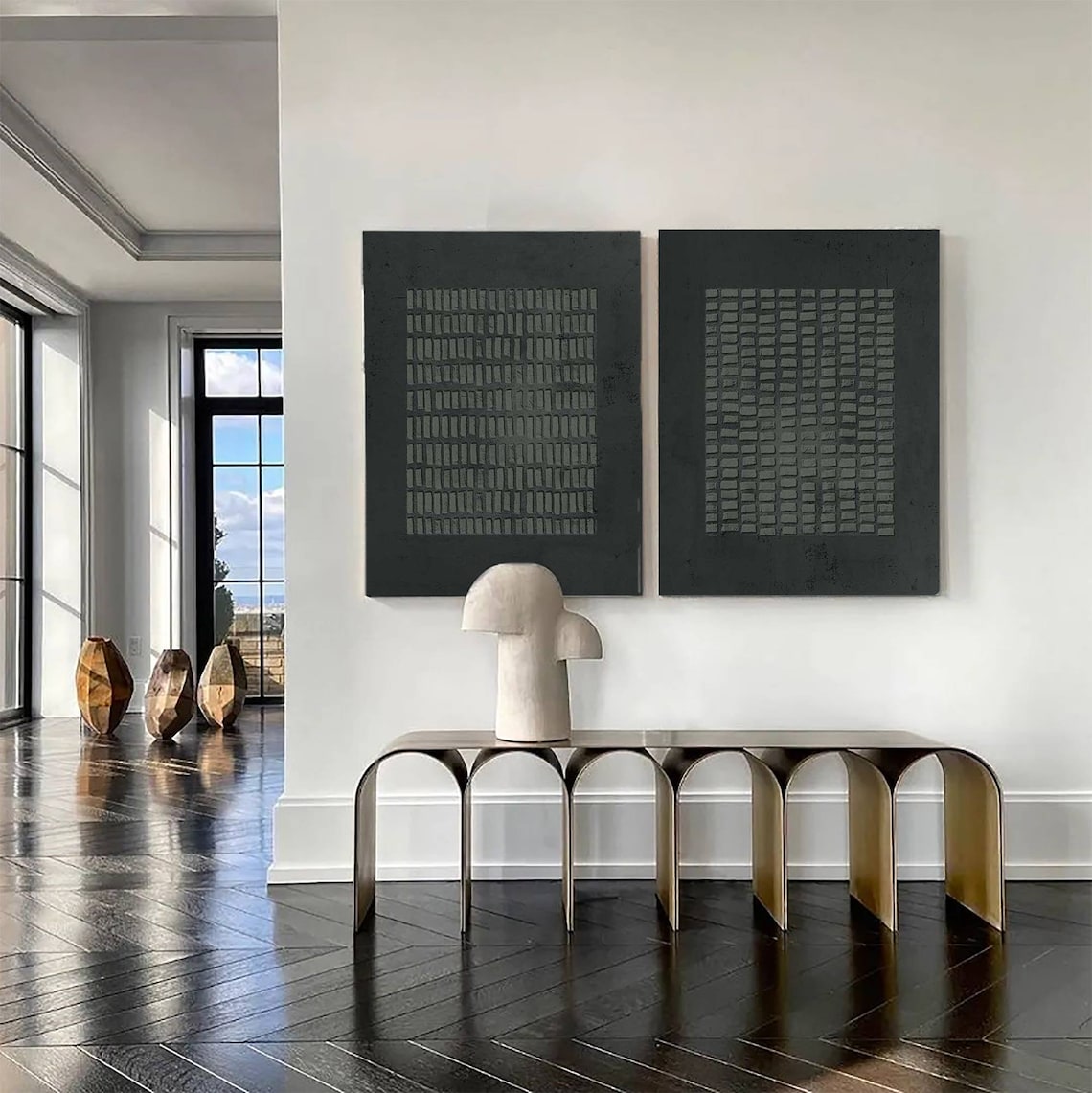 Abstract Gridscape Duo textured wall art in black minimalist style