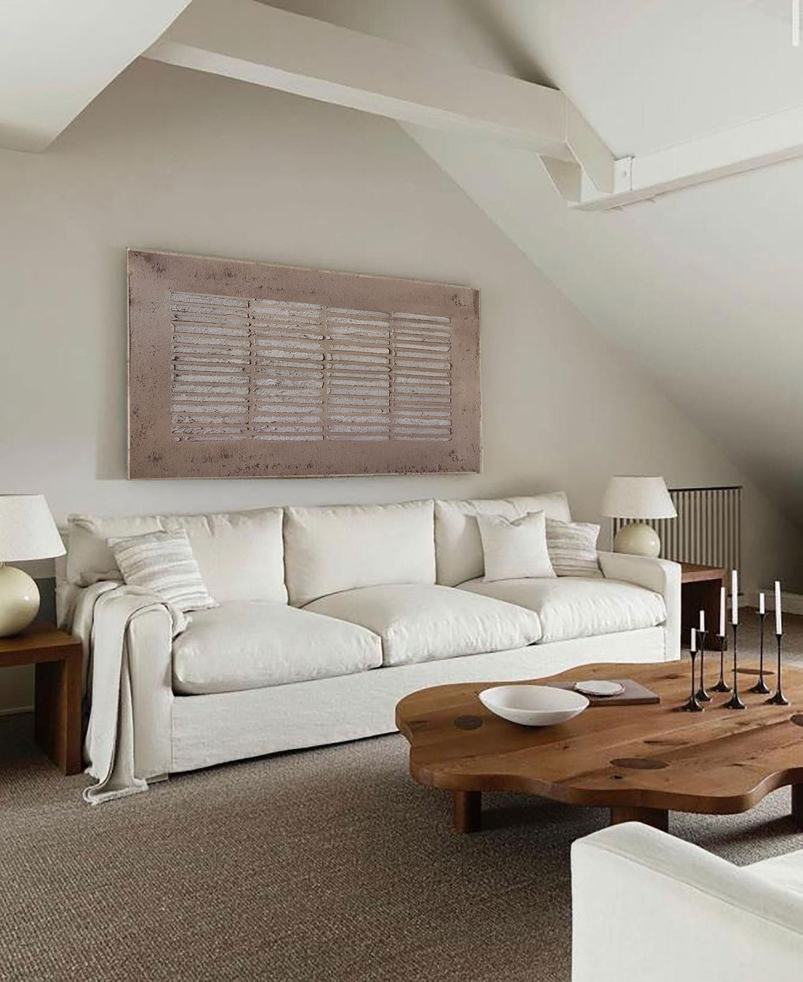 Geometric abstract wall art in earthy tones with textured linear patterns.