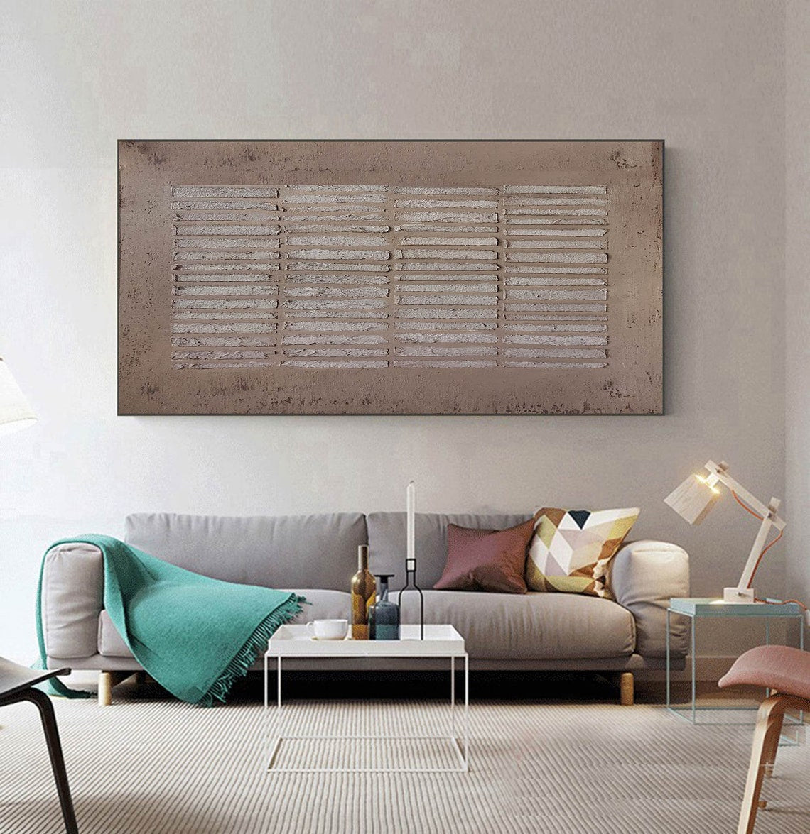 Geometric abstract wall art in earthy tones with textured linear patterns.