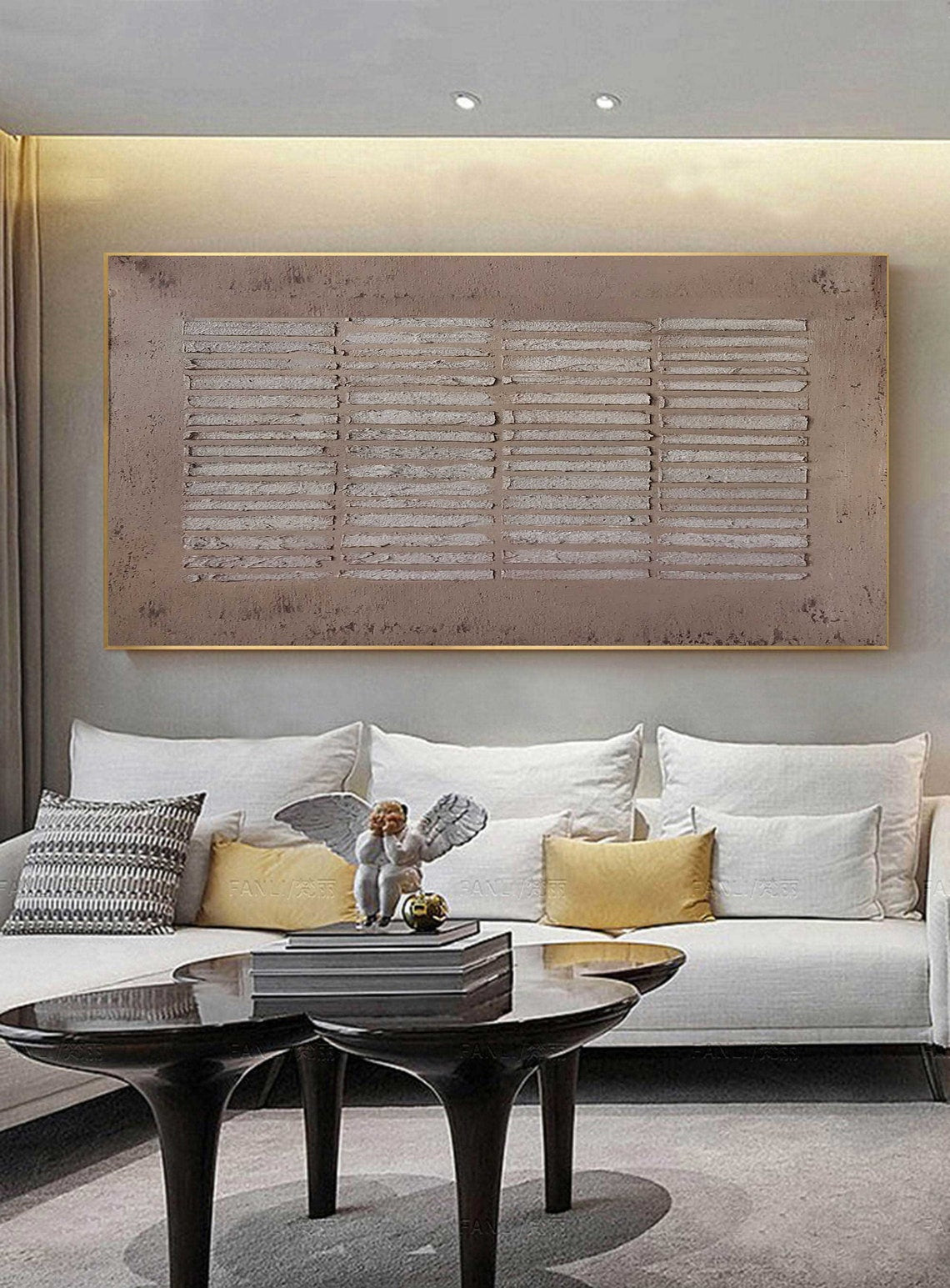 Geometric abstract wall art in earthy tones with textured linear patterns.