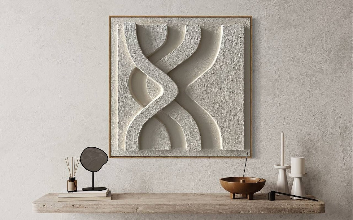 White modern abstract wall art with 3D carved curves for minimalist home decor.