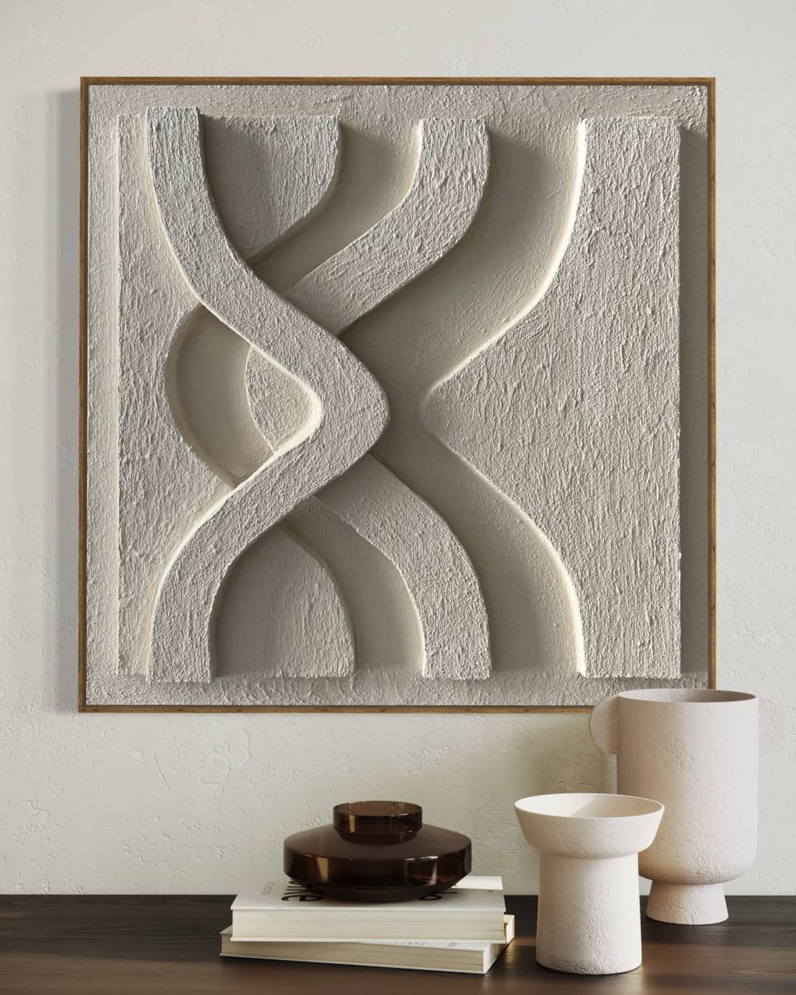 White modern abstract wall art with 3D carved curves for minimalist home decor.