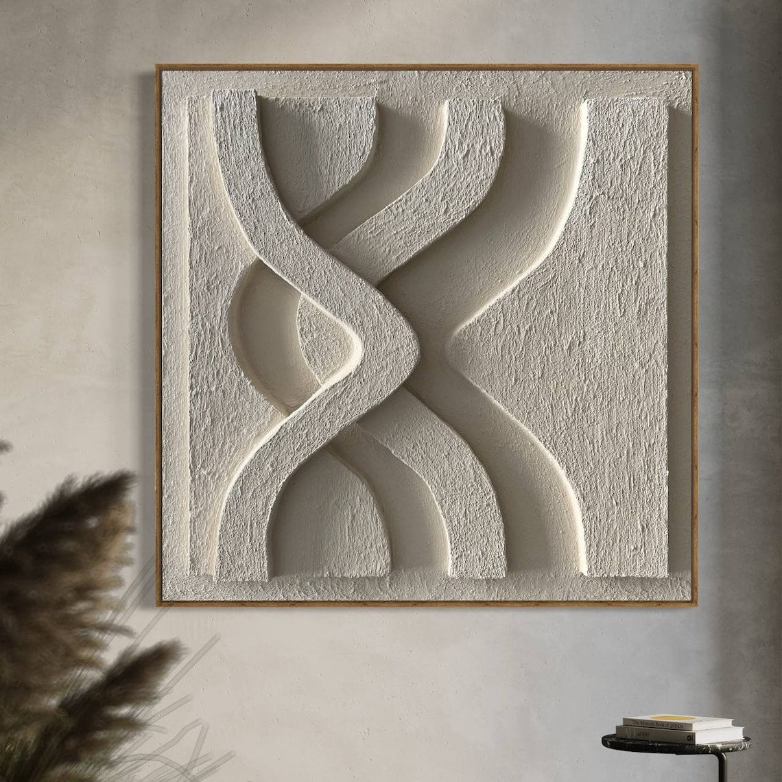 White modern abstract wall art with 3D carved curves for minimalist home decor.