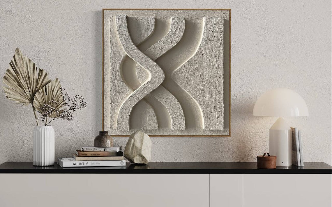 White modern abstract wall art with 3D carved curves for minimalist home decor.