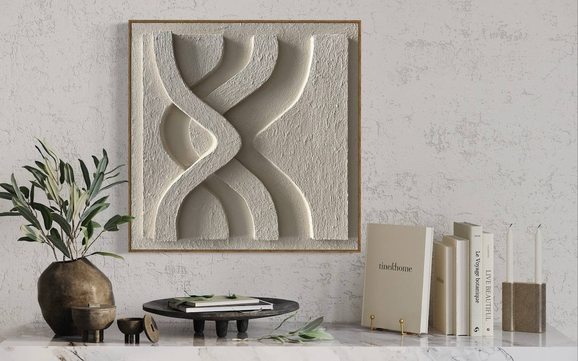 White modern abstract wall art with 3D carved curves for minimalist home decor.