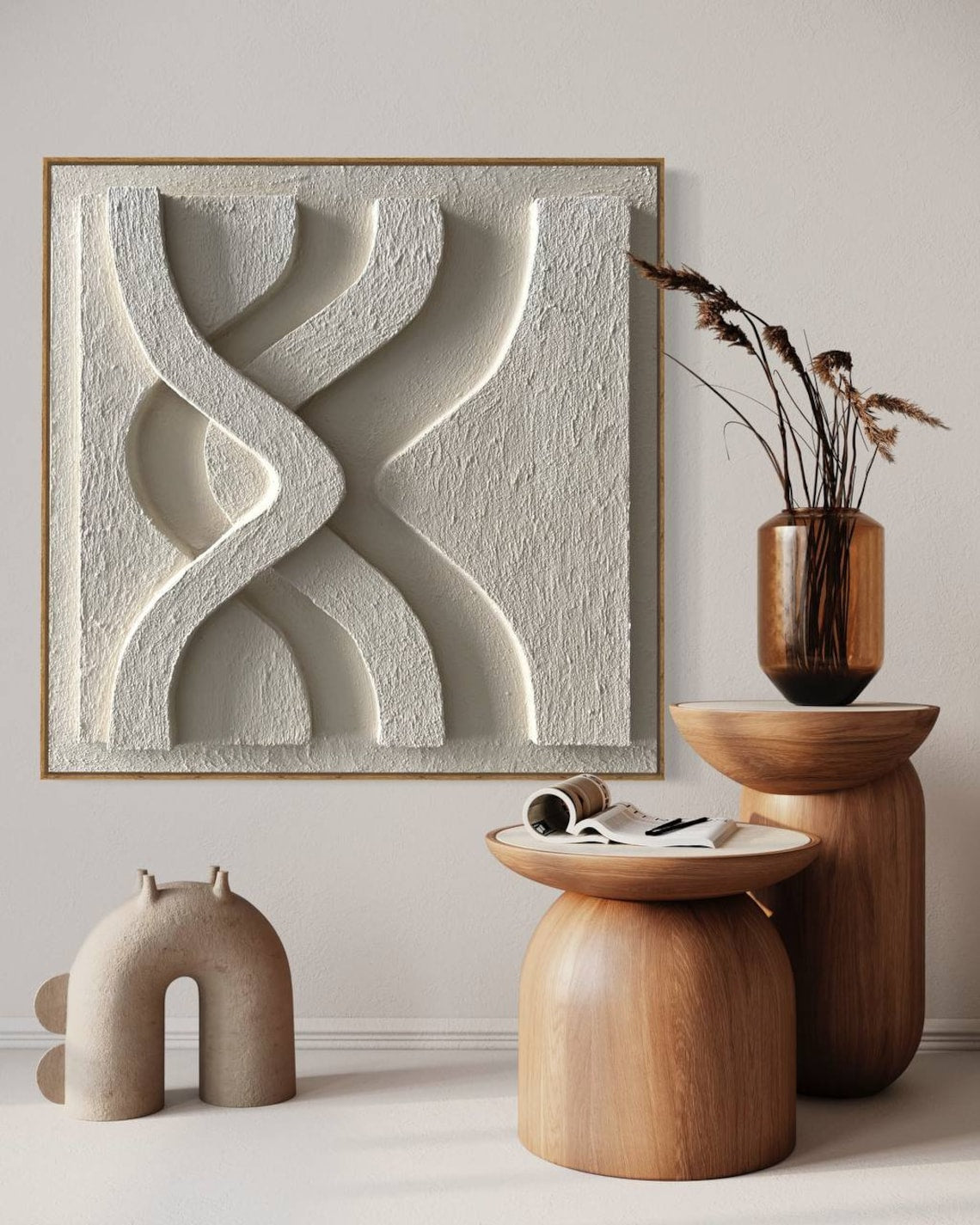 White modern abstract wall art with 3D carved curves for minimalist home decor.
