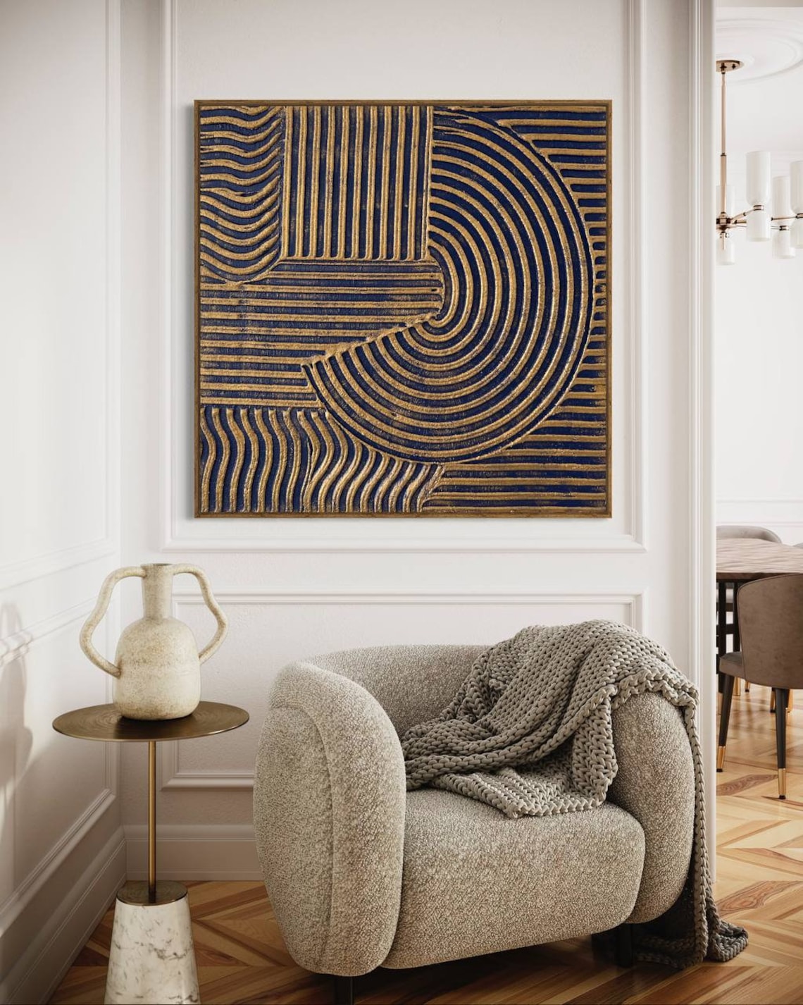 Golden Spirals of Harmony – black and gold canvas wall art with geometric spirals