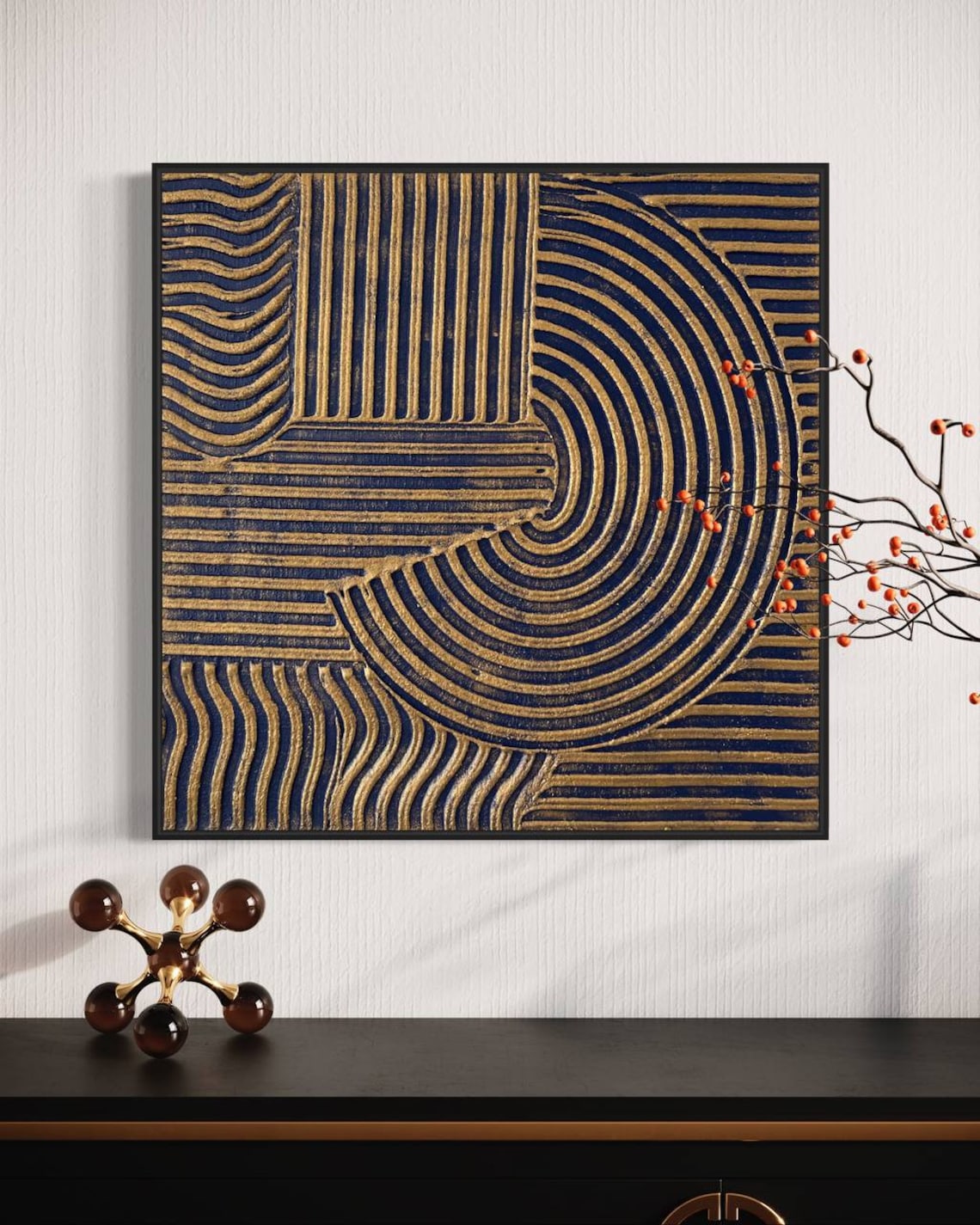 Golden Spirals of Harmony – black and gold canvas wall art with geometric spirals