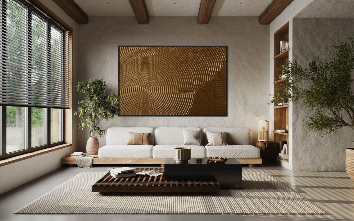 Gold textured abstract wall art with circular 3D patterns and rich golden tones.
