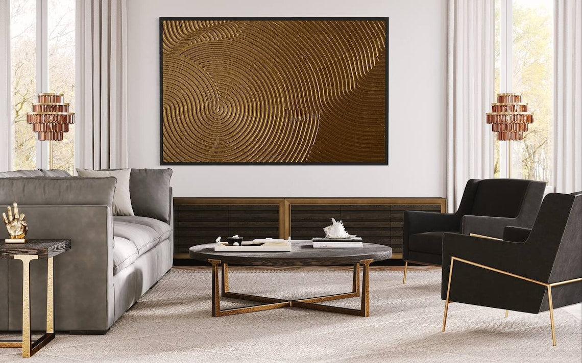 Gold textured abstract wall art with circular 3D patterns and rich golden tones.